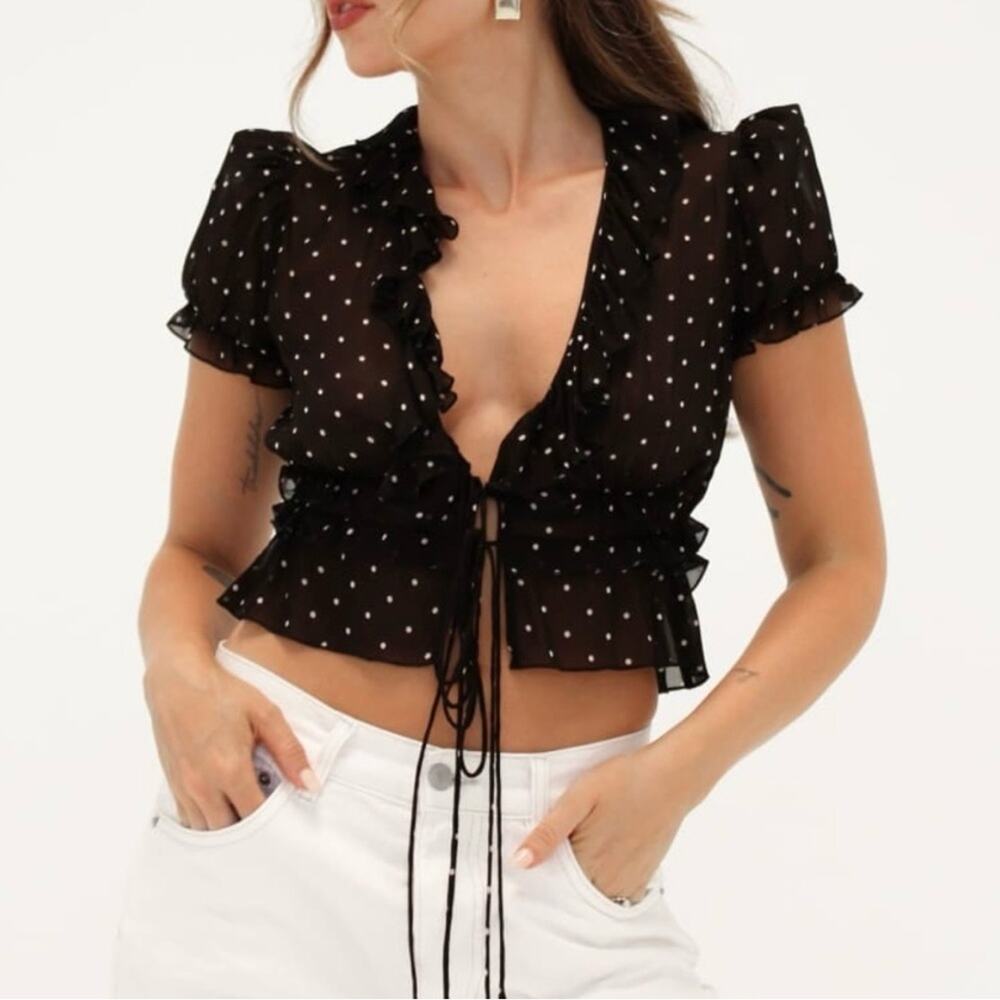 NEW Rumored Jukebox Top in Classic Dot Sheer Black White Women's Large $88 - Picture 2 of 12